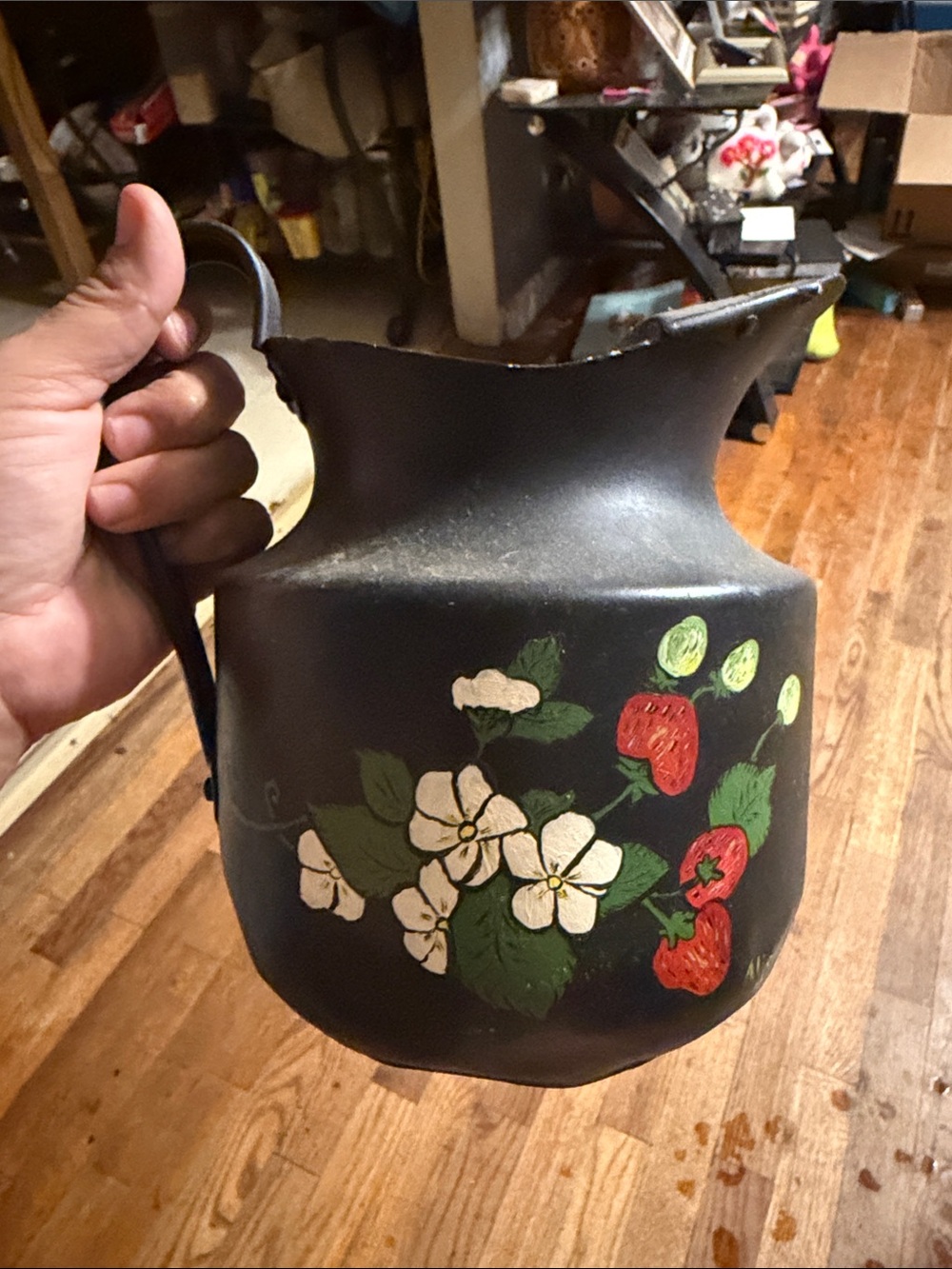 Hand-Painted Black Floral & Strawberry Metal Pitcher